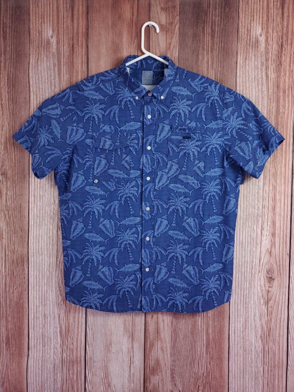 Vineyard Vines Harbor Shirt Mens XL Fishing Blue Palm Fish Vented Short Sleeve